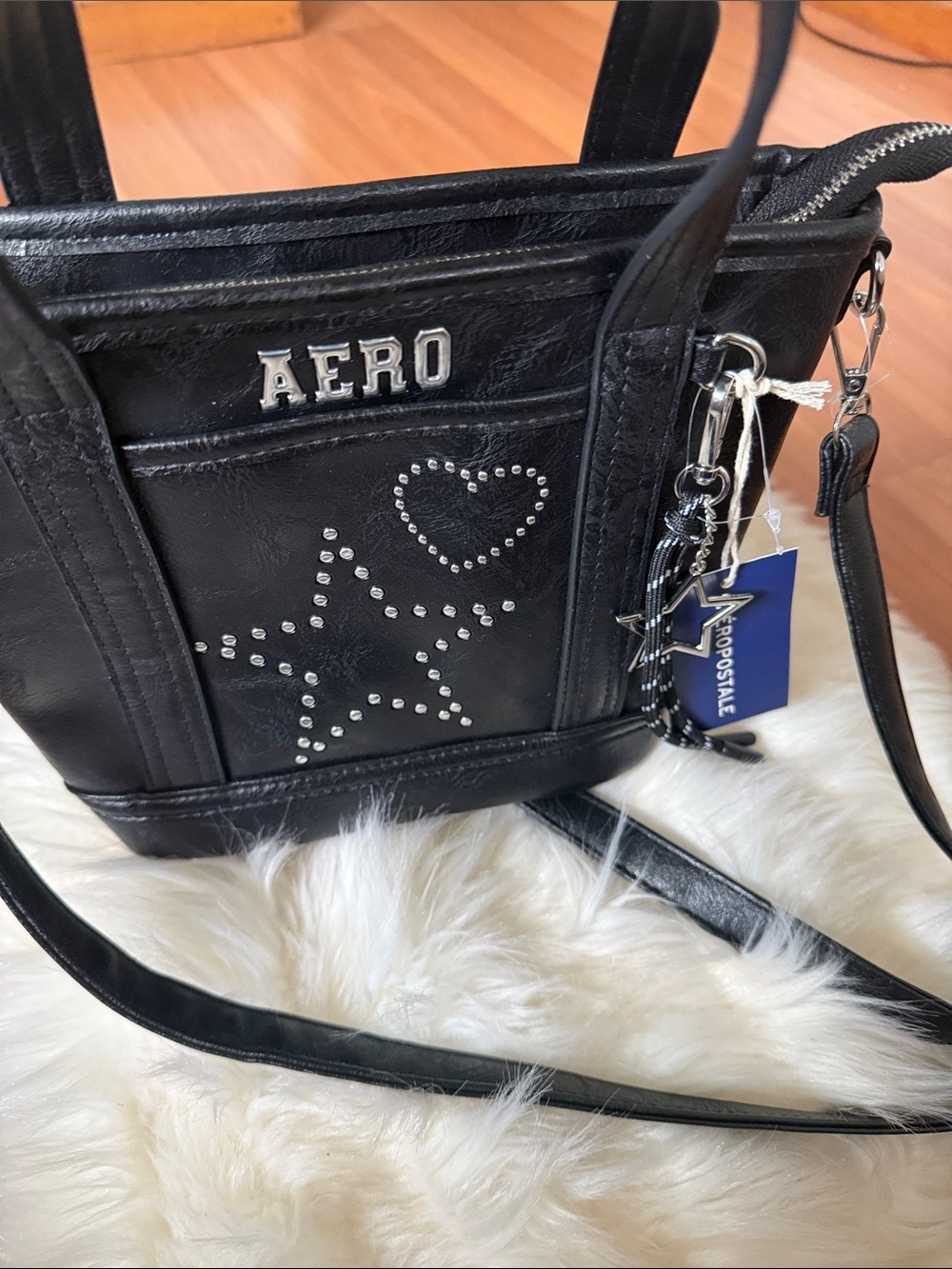 Aeropostale Black Studded Star & Heart Crossbody Tote